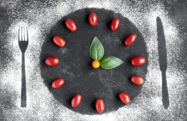 time to eat, clock from tomato and basil