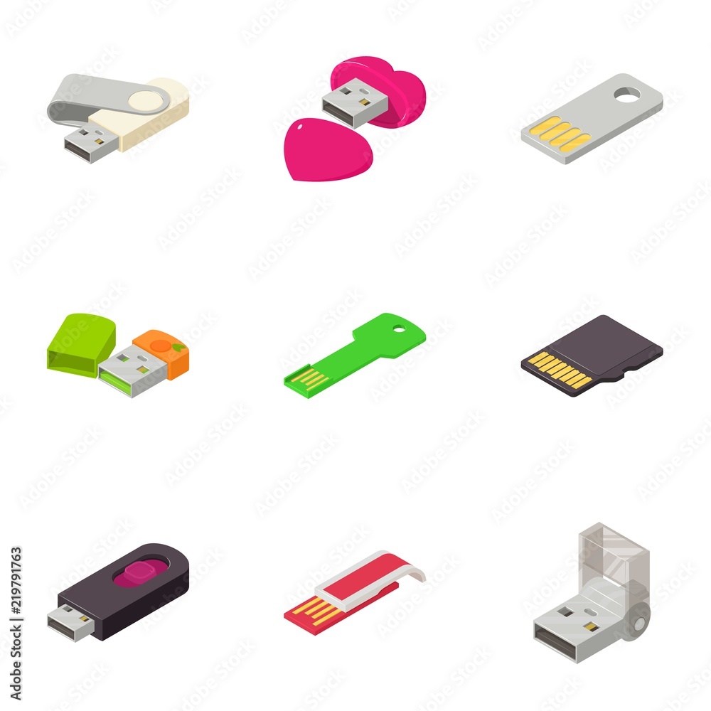 Poster portable disk icons set. isometric set of 9 portable disk vector icons for web isolated on white bac
