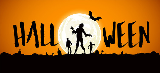 Happy Halloween lettering design. Holiday calligraphy with moon and zombie. Illustration on orange background. For poster, banner, greeting card, invitation.