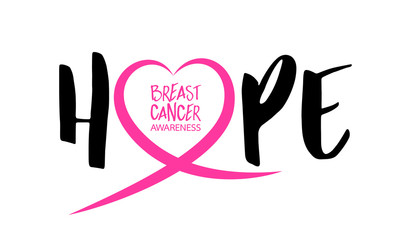 Hope lettering design with Pink heart line. Breast cancer awareness concept. Vector illustration isolated on white background.