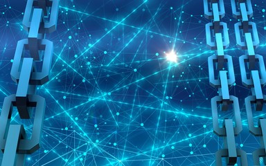  Block chain technology concept. Connections system and global data exchange. For print, design, web, banners, media, illustrations. Blue background. Futuristic, interesting design. Network of data.