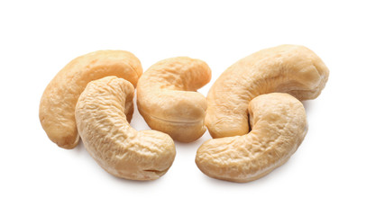 Tasty cashew nuts on white background