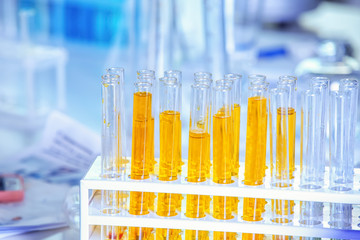 Test tubes with samples in on table in  laboratory