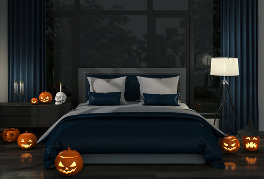 3D render of Halloween party in bed room - decorations with lanterns and pumpkins , jack-o-lantern