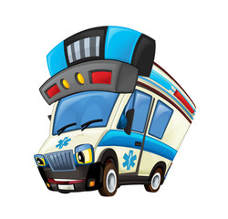 cartoon scene with happy ambulance truck on white background - illustration for children