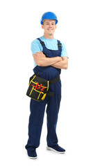 Electrician with tools on white background