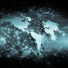 World map on a technological background, glowing lines symbols of the Internet, radio, television, mobile and satellite communications.