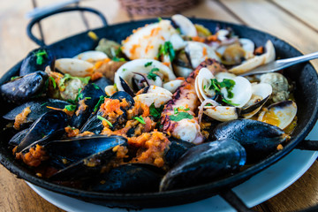 closeup mix seafood soup pot