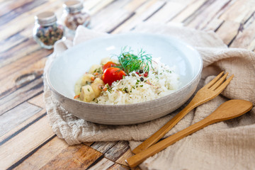 Andalusian fish, saffron rice with vegetables
