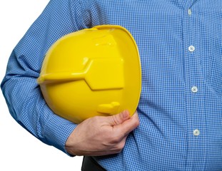 man holding a construction helmet