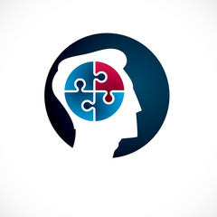 Mental health and psychology conceptual logo or icon created with man face profile and jigsaw puzzle, psychoanalysis and psychotherapy of human mind concept. Vector simple classic design.