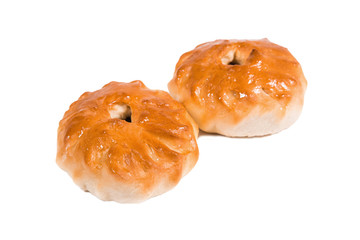 baked round cakes with filling inside, white background, close-up, bakery,