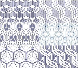 Geometric cubes abstract seamless patterns set, 3d vector backgrounds collection. Technology style engineering line drawing endless illustrations. Usable for fabric, wallpaper, wrapping.