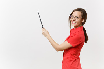 Portrait of young business teacher woman in red shirt skirt glasses holding wooden classroom pointer on copy space isolated on white background. Education teaching in high school university concept.