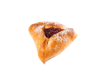 beautiful delicious baked triangular cakes with sweet stuffing inside, strawberries, currants, close-up, white background, isolate, bakery