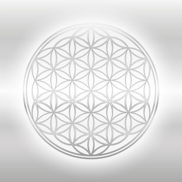 Flower of Life, silver glance symbol on silvery background.