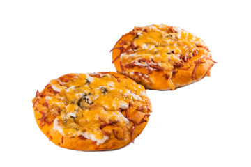 Two small round pizza cafes on white background