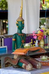 The Green Statue of God Indra in the Buddhist Monastery, Thailand.