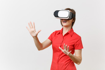 Business woman in headset of virtual reality on head touch something like push on button or pointing at floating virtual screen isolated on white background. Education future in high school concept.