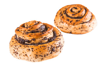 Delicious sweet buns with poppy seeds on white isolate background