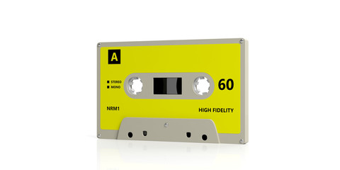 Obraz premium Retro audio cassette tape with yellow label isolated on white background. 3d illustration