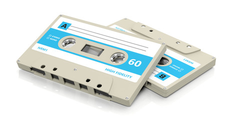 Retro audio cassette tapes with blue label isolated on white background. 3d illustration