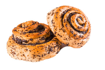 beautiful sweet Golden bun with poppy seeds, close-up, isolate, white background, bakery, baking