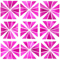 Watercolor geometric mosaic composition with triangular shapes in pink. Beaming rays imitation. Hand painted seamless pattern