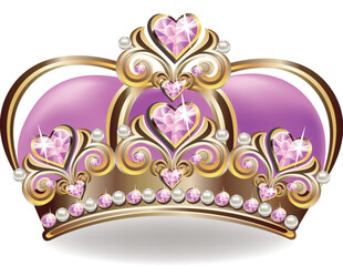 Crown of a princess with pearls and pink gemstones. Vector illustration. - obrazy, fototapety, plakaty