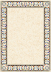card with traditional indian/arabic floral ornament frame over polished marble surface, size A4 - 219797389