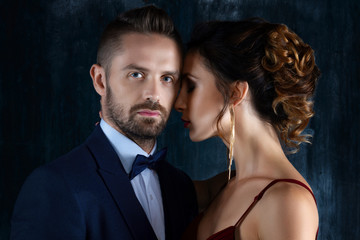 Body part. Sexy elegant luxury woman female with red lips tempts millionaire rich male man in skirt. Sexual issues, sex, relationship, dating concept,