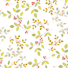 Seamless geometric pattern of autumn leaves and berries. Vector hand drawn pattern with autumn elements contours.  Eps 10.
