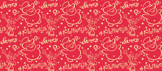 Christmas background, snowman and deer. Red Christmas wrapping paper