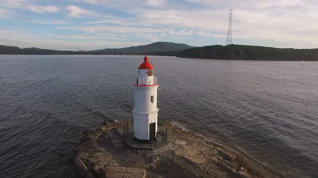 Aerial summer view of the Tokarevskiy lighthouse - one of the oldest lighthouses in the Far East
