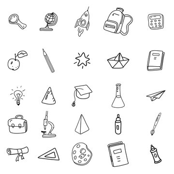 Set icons hand drawing line doodle school items . Back to School. Vector illustration. Isolated