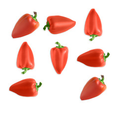 Sweet red pepper Close up isolated photo Many peppers are lying in a rows on white background Template for posters, banners with copy space