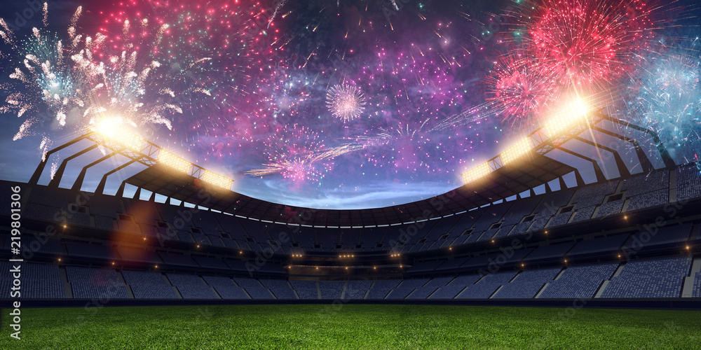 Wall mural stadium night without people fireworks 3d rendering