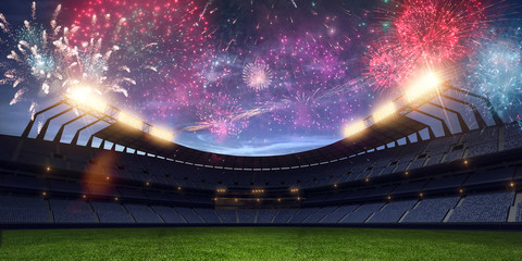 Stadium night without people fireworks 3D rendering
