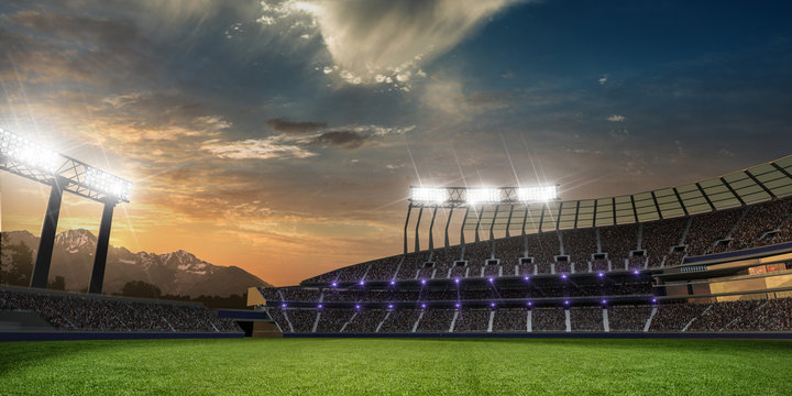 stadium sunset  with people fans. 3d render illustration cloudy