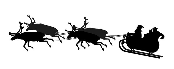 Father Christmas riding his sleigh with reindeer on white background.
