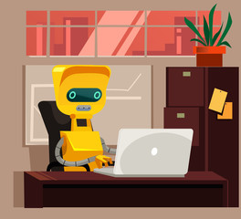 Smart robot sitting and worker at computer instead human person man. Artificial intelligent modern technology vector cartoon illustration