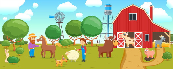 Cartoon banner on a agricultural theme. Rural scene with people and farm animals. Vector illustration