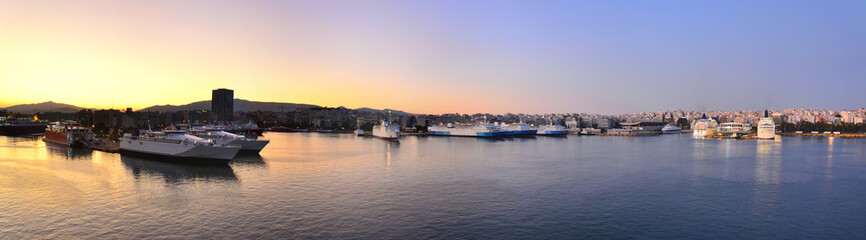 Fototapeta premium Panorama of the passenger port of the city of Athens. View of the city ferries