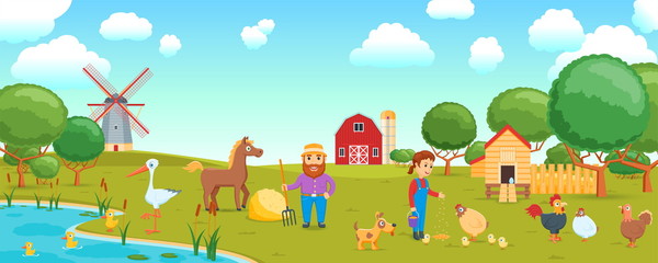 Cartoon banner on a agricultural theme. Rural scene with people and poultry. Poultry yard. Vector illustration © Genestro