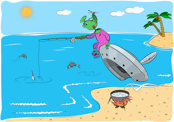 The alien catches fish sitting on the crashed flying saucer.