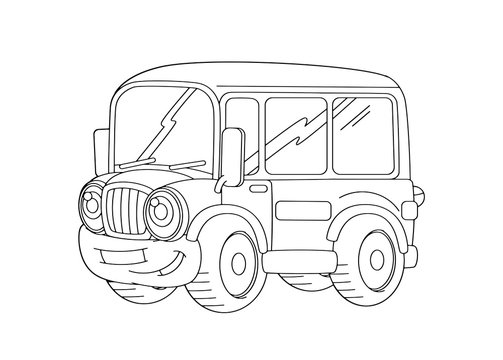 Cartoon happy and funny cartoon bus looking and smiling - vector coloring page / illustration for children