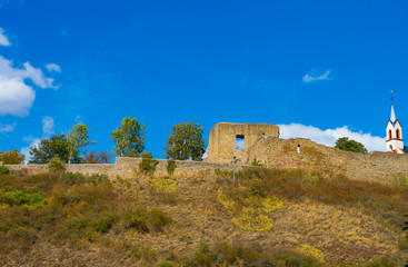 Burgruine Neu-Bamberg mit katholischer Kirche St. Dionysius, Rheinhessen, Rheinland-Pfalz, Deutschland 