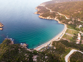 Fototapeta premium Aerial Drone View of Beach Cove with People Swimming at Erdek Turankoy / Balikesir