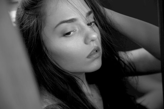 Portrait photos of the girl.Sad girl.Nice lips.Black white photo