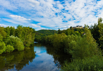 Fototapeta na wymiar View from the Friedensbrücke in Bad Muenster am Stein-Ebernburg to Ebernburg Castle 